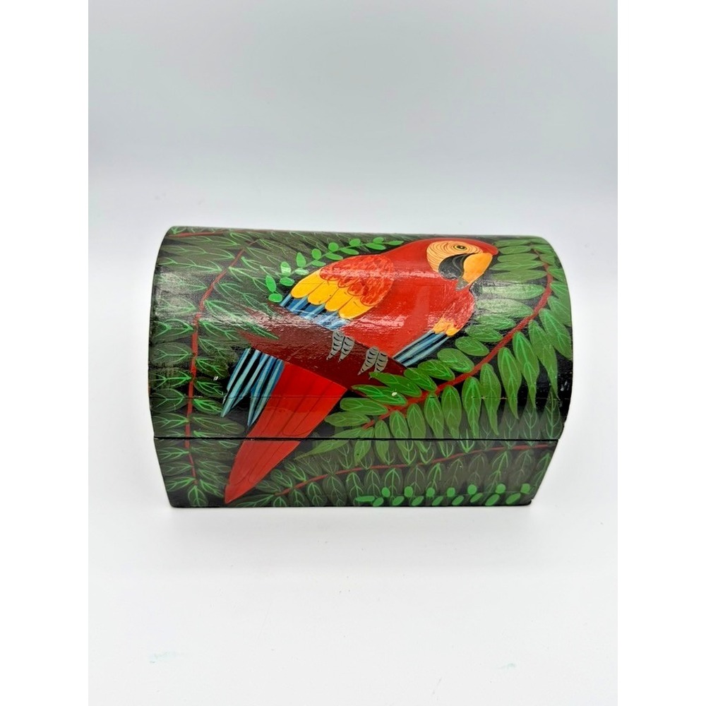 Hand Painted Haitian Folk Art Parrot Wood Box Signed Leger Yvens Jacmel Haiti
